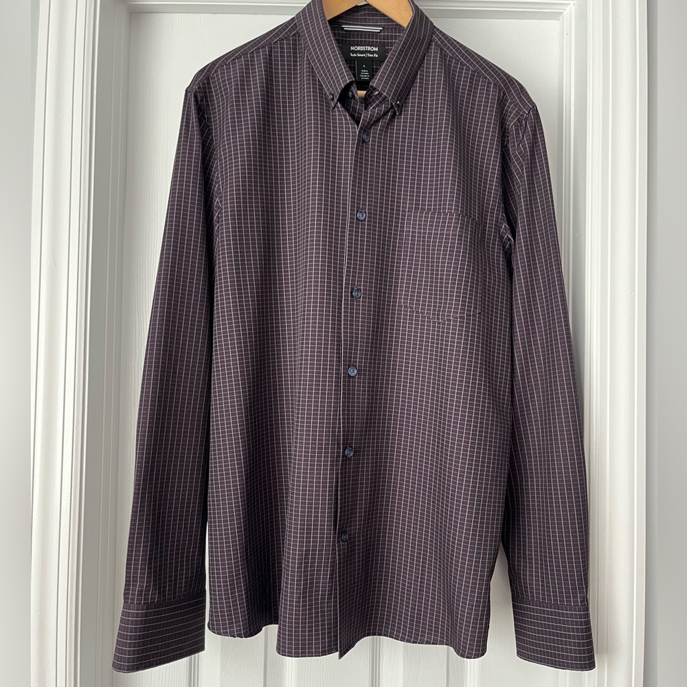 Nordstrom Men’s Tech-Smart Slim Fit Button Down Shirt, Deep Plum/Plaid – Size L